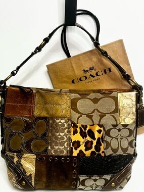 Vintage Coach Carly Patchwork Hobo Bag Signature Leopard Snakeskin Y2K 11496